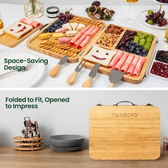 New. Maxboro Foldable Charcuterie Boards, Bamboo Cheese Board & Knife Set - Picture 6 of 7